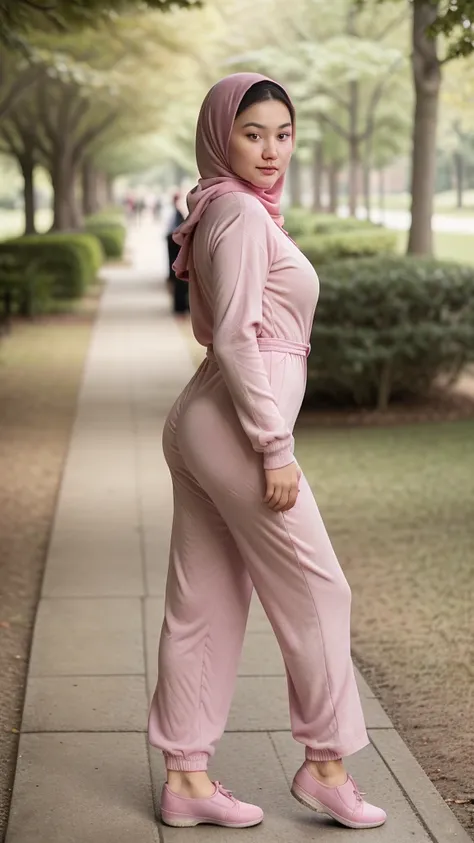 ((best quality)), ((masterpiece)), ((realistic)), woman, 15-year-old, Japanese girl, wearing black Hijab , short girl, mesmerizing blue eyes, extremely detailed, natural skin tone, saggy breast, skin with pores, big ass, enormous hips, tight thighs, wearin...