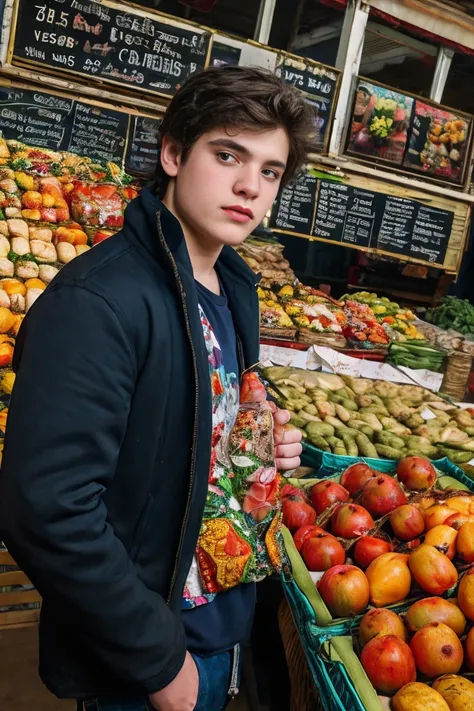 Realistic photo of solo handsome teenage men standing in front of market