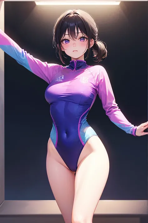 expensivequality illustration, Pale purple eyes、Black Hair、Short Ponytail、、nsfw、masterpiece, Very delicate and beautiful, Attractive girl,(Gymnastics leotard, Floral print leotard,キラキラ輝く装飾が施されたLong sleeve leotard,expensive_Leg leotard,athletic leotard,tigh...