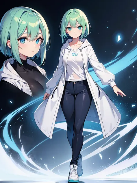 Masterpiece, high quality,(full body 1.2), animated standing portrait, half pants and white hoodie,(green hair 1.4), anime girl with short green hair and green eyes,(detailed eyes 1.6),(clear eyes 1.4),(beautiful eyes 1.4),(shining eyes 1.4), white cyan, f...