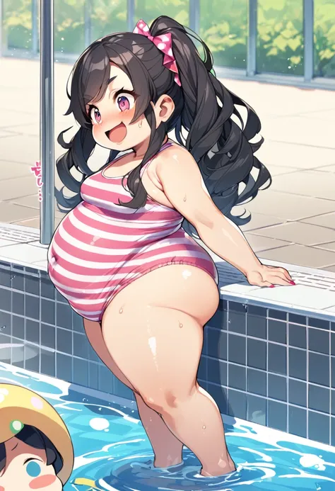 2人の女の子(,young girl ,short stature,gyaru)) ,flat chest,nsfw,plump,,big head、evilsmiling,black hair,long hair,.,poolside,striped one-piece swimsuit,stand,out the ass