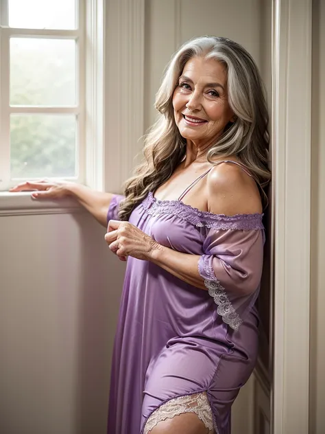 mature old woman 80 years with long hair, plus size, old face and body with many wrinkles, loose skin, smiling standing near the...