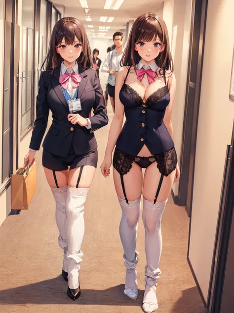 ((二人のIn underwearの女性はセクシーにOffice corridorを歩いている:1.4), Beautiful Anime Women, Beautiful art style, Anime characters, ((Smooth texture, Realistic texture, Anime CG Style)), ((Highest quality)), (Very detailed), (Very detailed CG 統合 8k 壁紙), Very detailed, Hig...