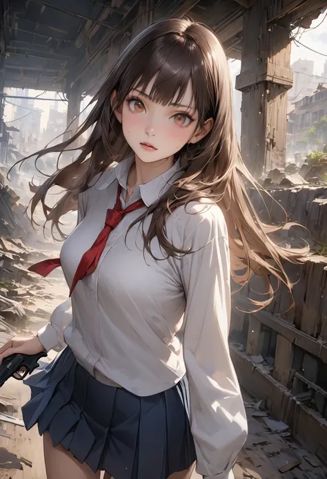 Action Scenes、((A detailed depiction of a woman holding a handgun))、((masterpiece,Highest quality:1.3,best quality illustration)),(realistic),cowboy shot,独奏,1woman,(18-year-old、Japanese Beauty),dark brown hair,long hair,bangs,brown eyes,gorgeous eyes,(very...