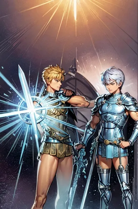 Muscular 22 year old man, rectangular body, trapezoidal head, with blue eyes, latin features, short silver hair, wearing silver armor with gold accents and tanned skin, posing standing, with a ring of light above his head, with a sword