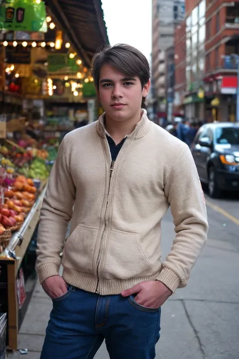 Realistic photo of solo handsome teenage men standing in front of market