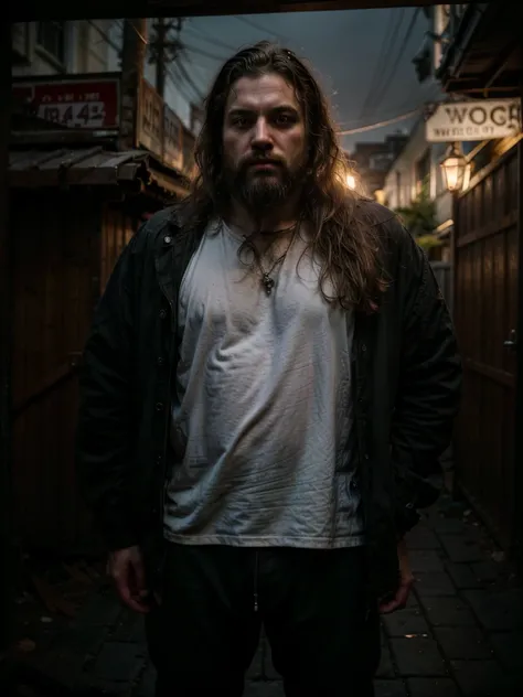 A behemoth of a man, beard wild and unkempt, hair disheveled as if ravaged by the storm, emerges from the shadows of a rain-soaked alley, his tattered rags clinging to his massive frame. Amidst the desolate backdrop, an eerie glow from a distant streetlamp...