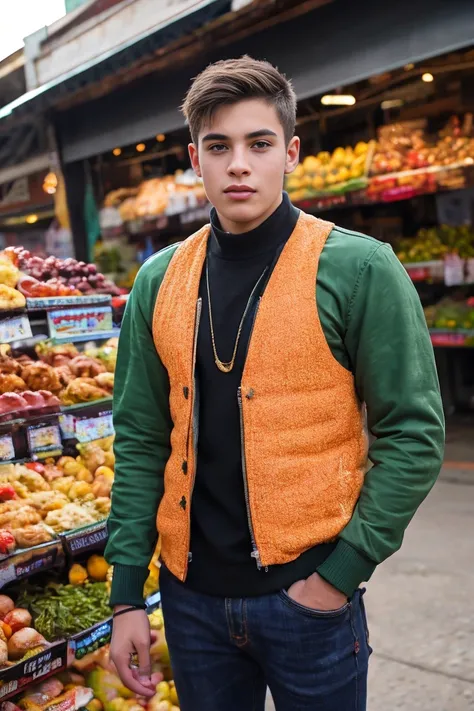 Realistic photo of solo handsome teenage men standing in front of market