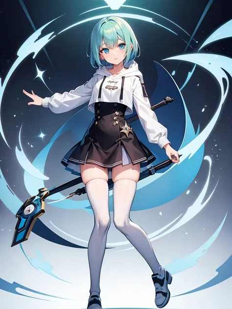 Masterpiece, high quality,(full body 1.2), animated standing portrait, black half pants and white hoodie,(green hair 1.4), anime girl with short green hair and green eyes,(detailed eyes 1.6),(clear eyes 1.4),(beautiful eyes 1.4),(shining eyes 1.4), white c...