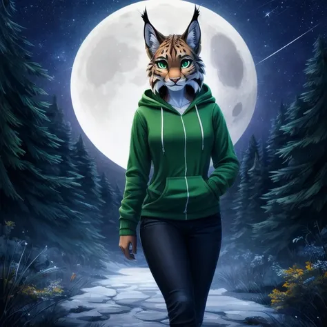 Top Quality, Masterpiece, high quality, Lynx anthro girl, solo, wears Green hoodie with black sport jeans, has green eyes, beautiful eyes, in the forest, walking, Night Sky, Moon and Stars on the sky