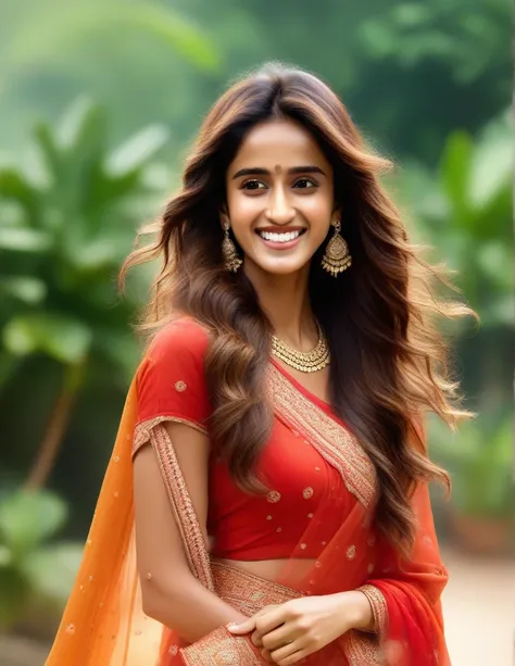 hires photo of disha patani woman studio quality, laughing, looking straight at viewer, traditional indian dress, flowing hair, ...