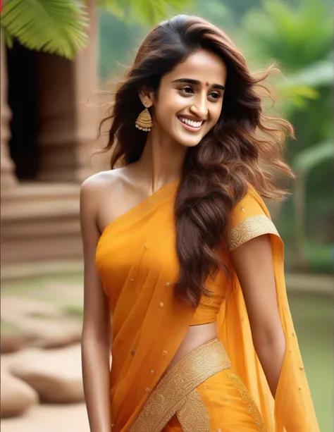 hires photo of Disha Patani woman studio quality, laughing, looking straight at viewer, traditional indian dress, flowing hair, outdoors, realistic skin texture 