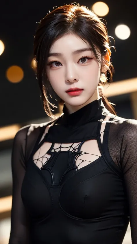 tmasterpiece,1 Korean girl，realisticlying，8K  UHD，high high quality，in the background bokeh, spider-man black suit，Spidey，Clothes wrap around the whole body，Tight clothing，Abs contour，Short black hair，s the perfect face，shining face，Ultra-clear face，Elabor...