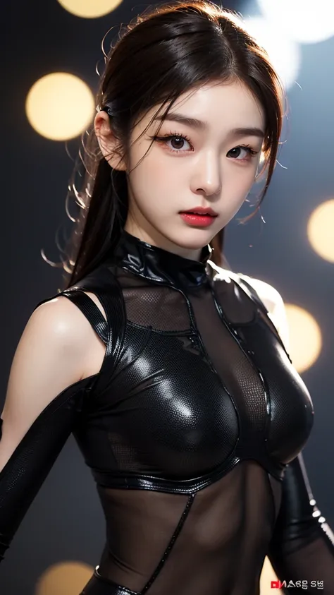 tmasterpiece,1 Korean girl，realisticlying，8K  UHD，high high quality，in the background bokeh, spider-man black suit，Spidey，Clothes wrap around the whole body，Tight clothing，Abs contour，Short black hair，s the perfect face，shining face，Ultra-clear face，Elabor...