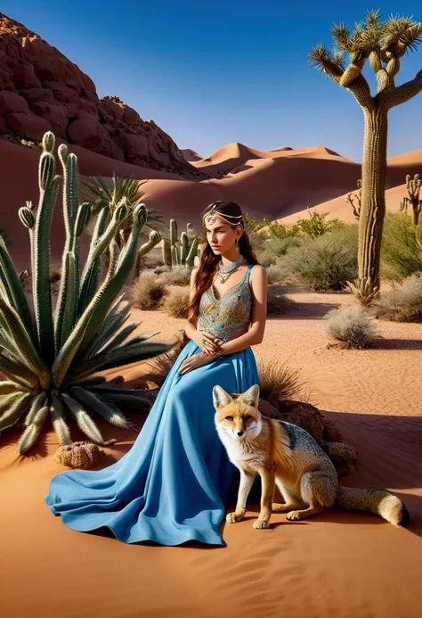 (a Desert Princess), dressed in exquisite desert attire plays with her pet desert fox in an oasis surrounded by various desert plants, with the background featuring oases, desert roses, blue sky, full body, (Photography), panoramic view, award-winning, cin...