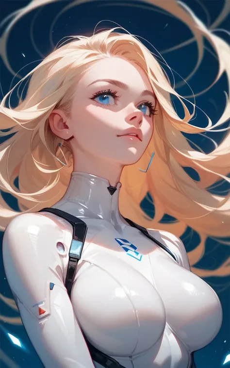 girl, white bodysuit, blonde, blue eyes, Hyper Realistic, intricate details, complex design