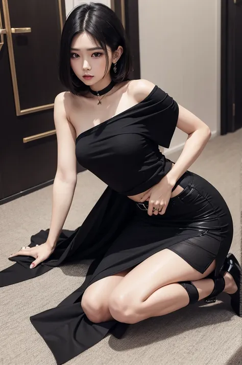  with medium hair with black slit skirt 