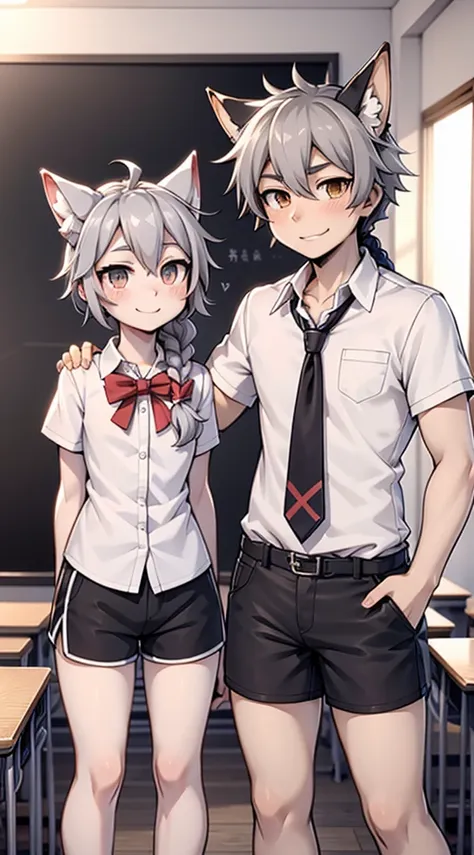 japanese style high school shirt，cute男孩子，gentle smile，shota，anthropomorphic fox，fox girl，小braid，braid，cute，gray hair，全身gray hair...