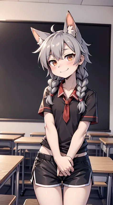 Japanese style high school shirt，cute男孩子，Gentle smile，shota，Anthropomorphic Fox，Fox Girl，小braid，braid，cute，Gray hair，全身Gray hair，全身Gray hair，Japanese school uniform shirt，shorts，shorts，Short boy，Slim figure，Classroom Background，Indoor background，Campus sty...