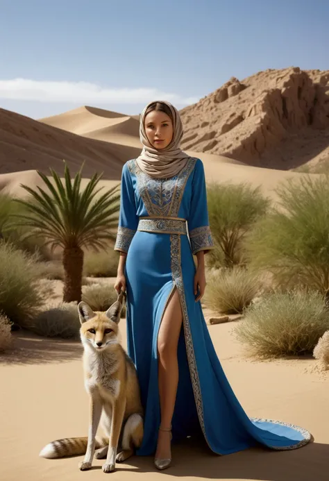 (a Desert Princess), dressed in exquisite desert attire plays with her pet desert fox in an oasis surrounded by various desert plants, with the background featuring oases, desert roses, blue sky, full body, (Photography), panoramic view, award-winning, cin...