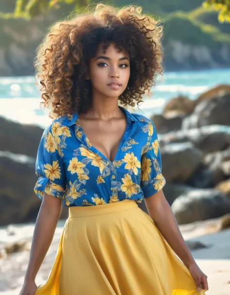 Very realistic, 4K, professional photos, 22 year old girl, black girl, big curly hair, HDR, detailed face, Medium body, yellow skirt with floral pattern, (open blue shirt), Masterpiece, (light), (1 solo), beach background, realistic background, Realistic p...