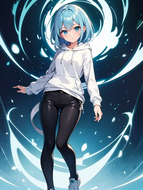 masterpiece, high quality,(full body 1.2), animated standing portrait, black half pants and white hoodie,(green hair 1.4), anime...