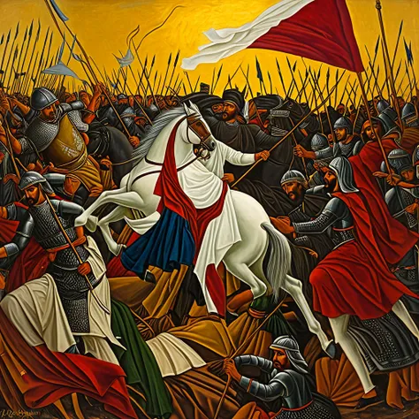 painting of a man on a horse holding a flag in a battle, epic biblical depiction, the fall of constantinople, orientalist painting, by Kamāl ud-Dīn Behzād, in battle, artist unknown, by Abdullah Gërguri, by José Malhoa, by Juan Giménez, by Viktor de Jeney