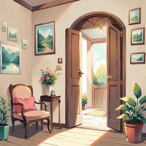 
The door to a cozy house in soft colors.