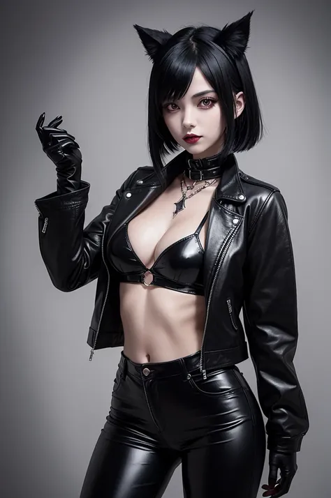 gothic girl 1 meter 63, with black hair with some strands dyed red with a fringe, with a semi-open leather jacket, leather gloves and latex pants, transforming into a werewolf