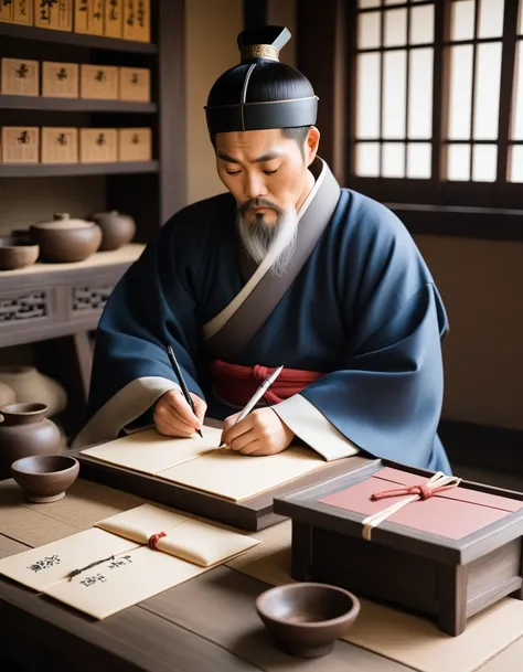 korean middle ages man writing 4 envelops on his desk