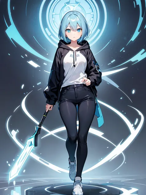 Masterpiece, high quality,(full body 1.2), animated standing portrait, black half pants and white hoodie,(green hair 1.4), anime girl with short green hair and green eyes,(detailed eyes 1.6),(clear eyes 1.4),(beautiful eyes 1.4),(shining eyes 1.4), white c...