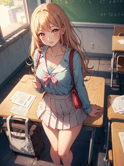 pov, from above, full body,1girl, parted lips, blush, makeup, light smile, , classroom, school bag, light rays, glow, thighs, co...