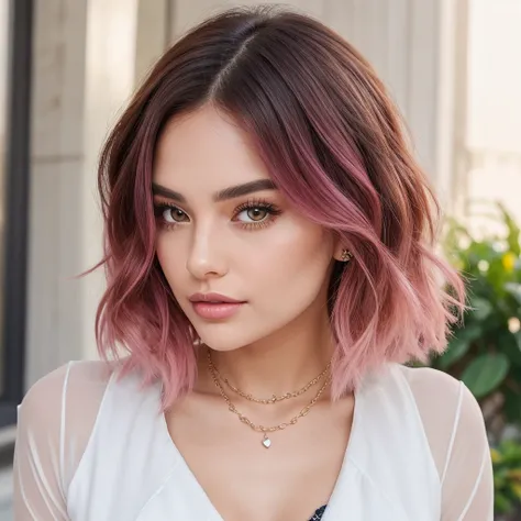 Meet Luna Rose, a digital influencer in her early twenties with fair English skin and vibrant pink hair styled in a chic, tousled bob. She has sharp, well-defined eyebrows, large, sparkling eyes, a slightly upturned nose, and full, naturally glossy lips. H...