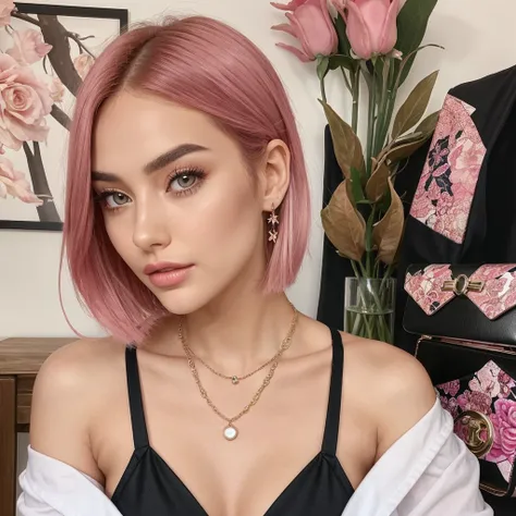 Meet Luna Rose, a digital influencer in her early twenties with fair English skin and vibrant pink hair styled in a chic, tousled bob. She has sharp, well-defined eyebrows, large, sparkling eyes, a slightly upturned nose, and full, naturally glossy lips. H...