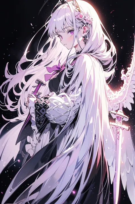 white gothic lolita angel of punishment, long white hair, purple eyes, 4 wings, (((((Holding a long sword))))), mature, slim, tall, (best quality,4K,8K,mackerel,masterpiece:1.2),very detailed,(realistic,photorealistic,photo-realistic:1.37),intricate detail...