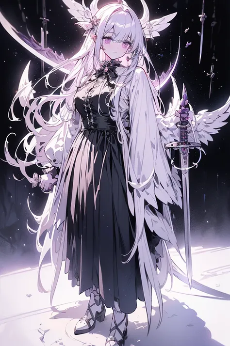 white gothic lolita angel of punishment, long white hair, purple eyes, 4 wings, (((((Holding a long sword))))), mature, slim, tall, (best quality,4K,8K,mackerel,masterpiece:1.2),very detailed,(realistic,photorealistic,photo-realistic:1.37),intricate detail...