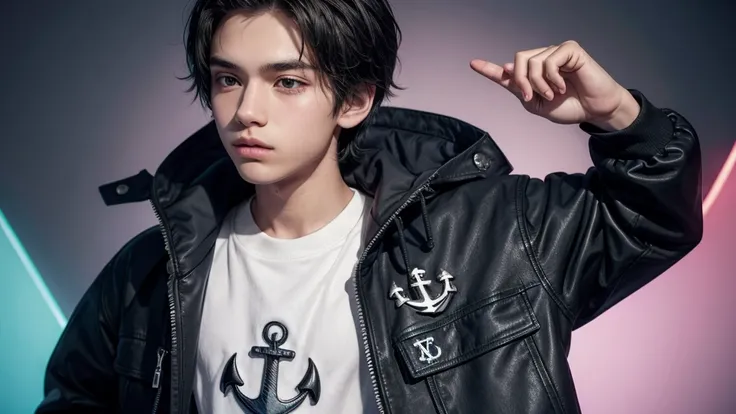 A teenager in a jacket with an anchor symbol on the back