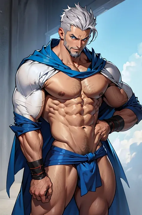 young muscular man, rectangular body, trapezoidal head, with blue eyes, Latin features with goatee style beard and short silver hair, in short tight underwear, shirtless, wearing blue cape, flexing muscles and tanned skin, posing standing