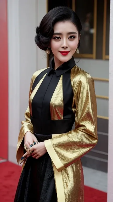 Fan Bing-bing wearing fashion designs clothes with painted lips and smiling