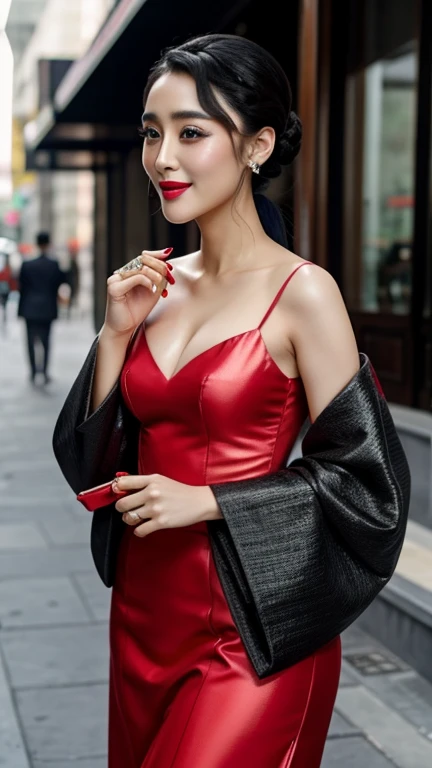 Fan Bing-bing wearing fashion designs clothes with painted lips and smiling