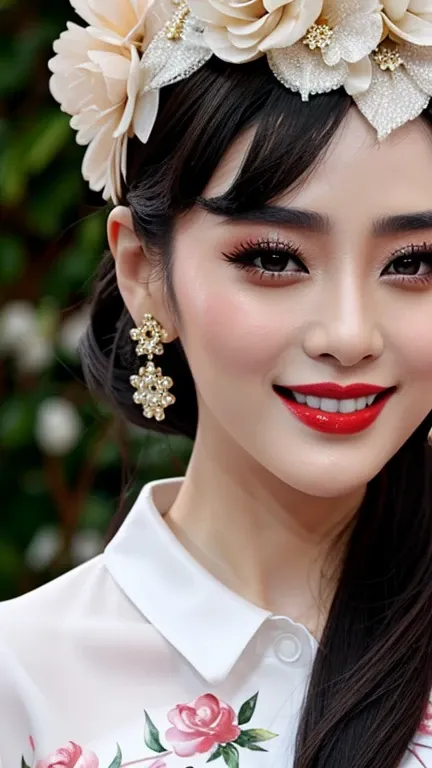 Fan Bing-bing wearing fashion designs clothes with painted lips and smiling