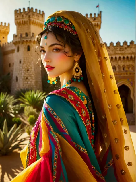 Desert Princess, Wear colorful traditional clothing, An atmosphere of magic and whimsy, Similar to the setting of an animation poster. She strikes a stunning pose in Algiers&#39; enchanting castle, Usually shot with a wide-angle lens, Show the grandeur of ...