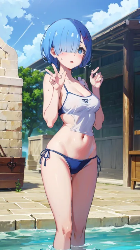 school swimwear、Acme Face、Random pose、short hair、Blue Hair、、hair over one eye、、nsfw、Highest quality、1 girl、solo、Ocean、Sexy pose、Random pose、Blushing、Wet、Embarrassed