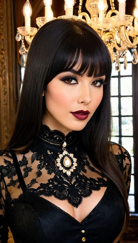 A strikingly beautiful young woman with long, jet-black hair and blunt bangs sits confidently. Her large, expressive brown eyes are framed by bold, arched eyebrows and she wears subtle, yet precise, makeup with dark eyeliner and nude lipstick. She is dress...