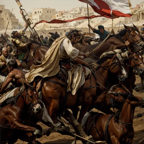 painting of a man on a horse holding a flag in a battle, epic biblical depiction, the fall of constantinople, orientalist painting, by Kamāl ud-Dīn Behzād, in battle, artist unknown, by Abdullah Gërguri, by José Malhoa, by Juan Giménez, by Viktor de Jeney