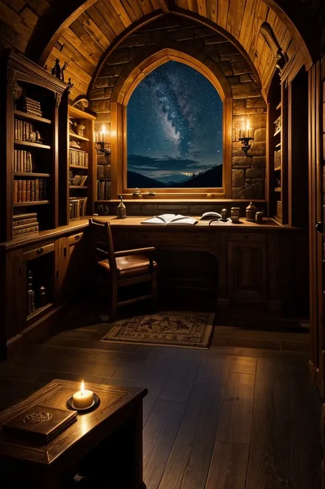 "A cozy, magical scene set in the heart of a wizards study. The walls are lined with dark wooden bookshelves overflowing with ancient, leather-bound tomes and scrolls. Flickering candles cast a warm, amber glow, illuminating a polished wooden desk cluttere...