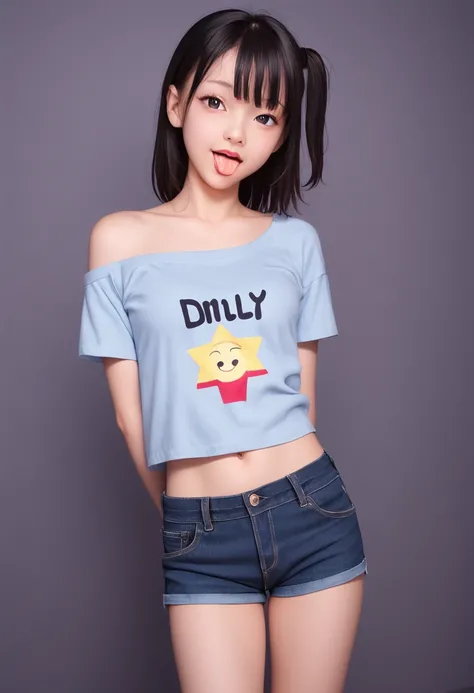 pastel colors colors t-shirt,off-shoulder look,bare shoulder,ollarbone,midriff peek,micro shorts,(open mouth:1.5),(tongue out:2),standing,arms behind back,front view,cowboy shot,looking at viewer,(1girl,Beautiful 14 year old girl),((Slender,Small breasts,S...