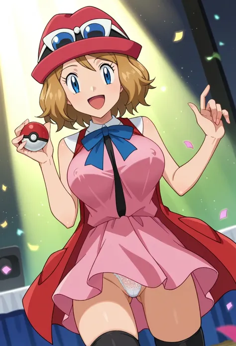 score_9, score_8_up, score_7_up, source_anime, anime screencap, anime coloring, rating_safe, BREAK serena (pokemon), 1girl, blue eyes, eyelashes, short hair, blonde hair, hat, neck ribbon, blue ribbon, pink shirt, sleeveless, bare arms, red jacket, pink mi...