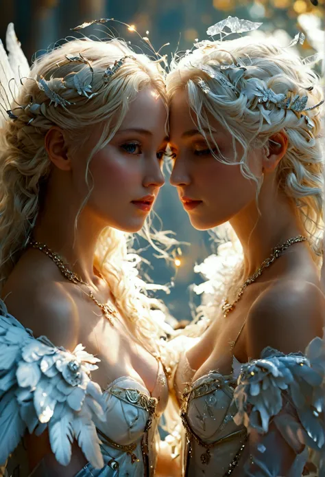 (Masterpiece), (need), (Super detailed), (Full Body Love: 1.2), (I am), Two twins with breasts, One is blonde，The other is white hair，Wear the costume of an angel，Has beautiful white wings, The characters return to their