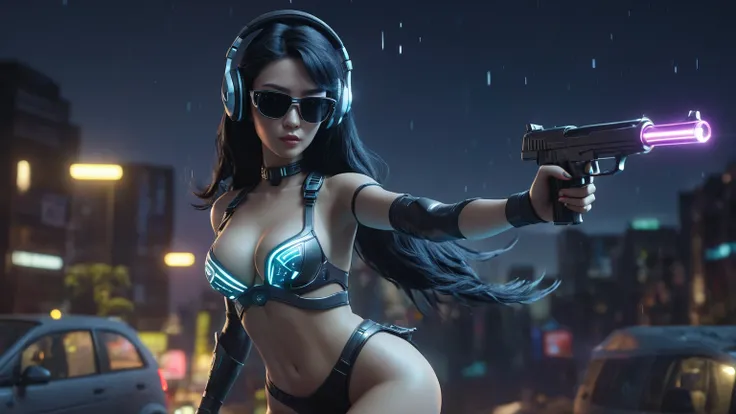 At night, dark sky, distant shot aerial view of fantasy cyberpunk style ice ((Moai-statue)) city, ((flying car)). ((1girl, solo, alone)), medium-breast:1.1 slim body, cleavage, sexy clothes, (headphone, black sunglasses, long black realistic hair), (((hip-...